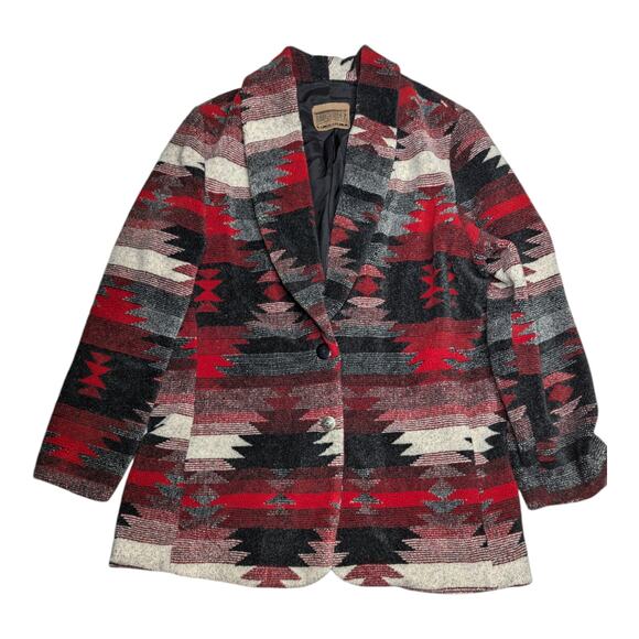 Vtg 1990s Roughrider Black Red Tribal Print Two Button Fleece Blazer Jacket XL - Picture 1 of 5